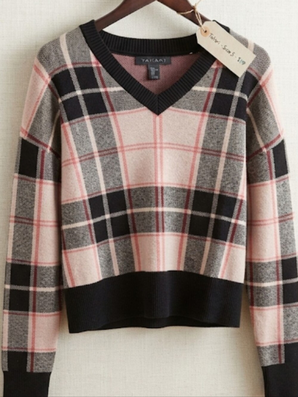 Tahari Black, Pink & Cream Plaid V-Neck Sweater